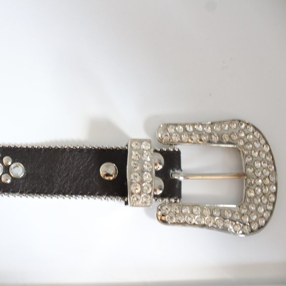 Western Women's Belt Brown Leather Square Rhinestone Conchos And Crystal Bling ~ - Picture 7 of 11